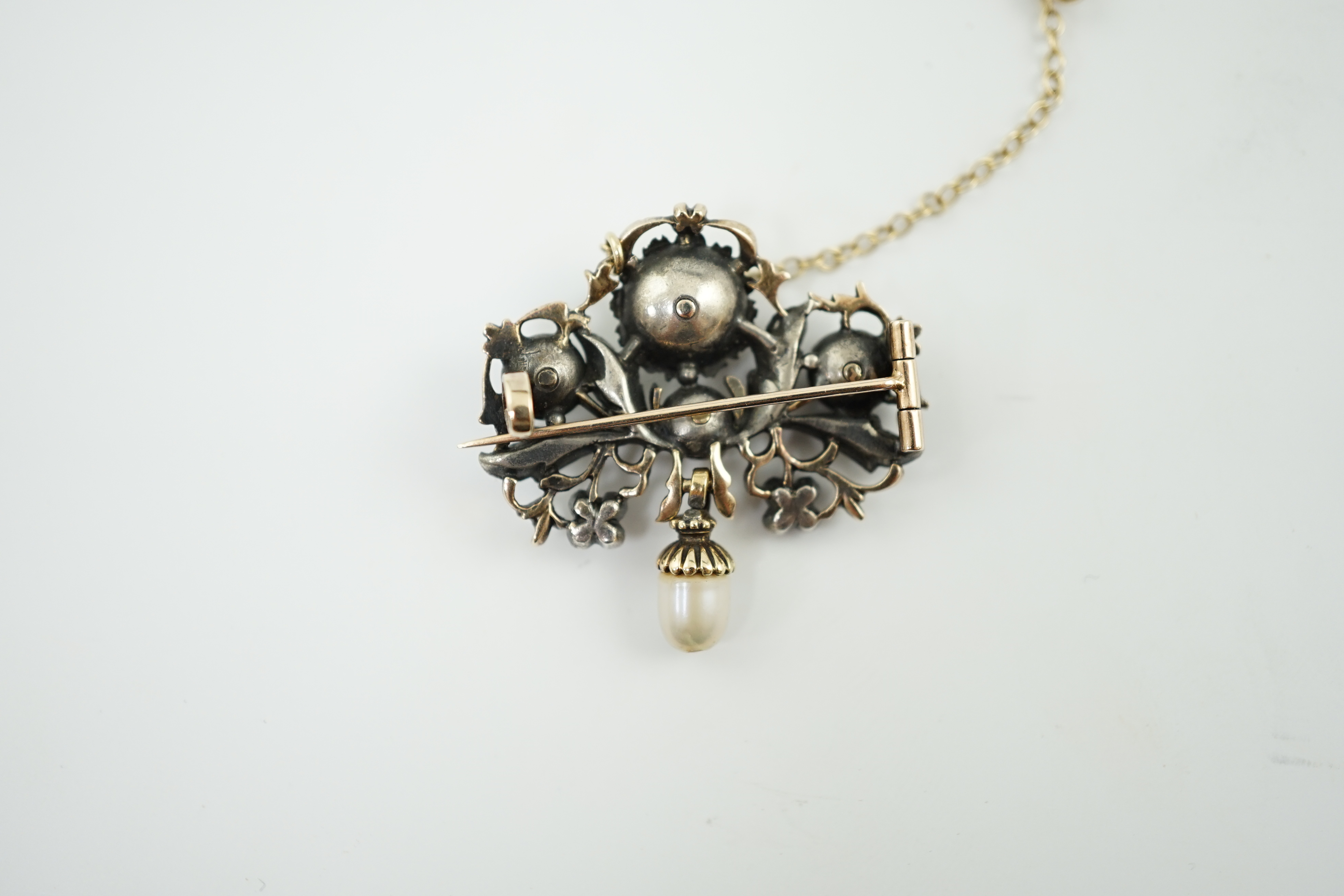 A Victorian gold and silver, button pearl and rose cut diamond cluster set drop brooch